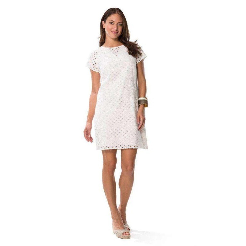 London Times 100% Cotton White Eyelet Short Sleeve Shift Mini Dress